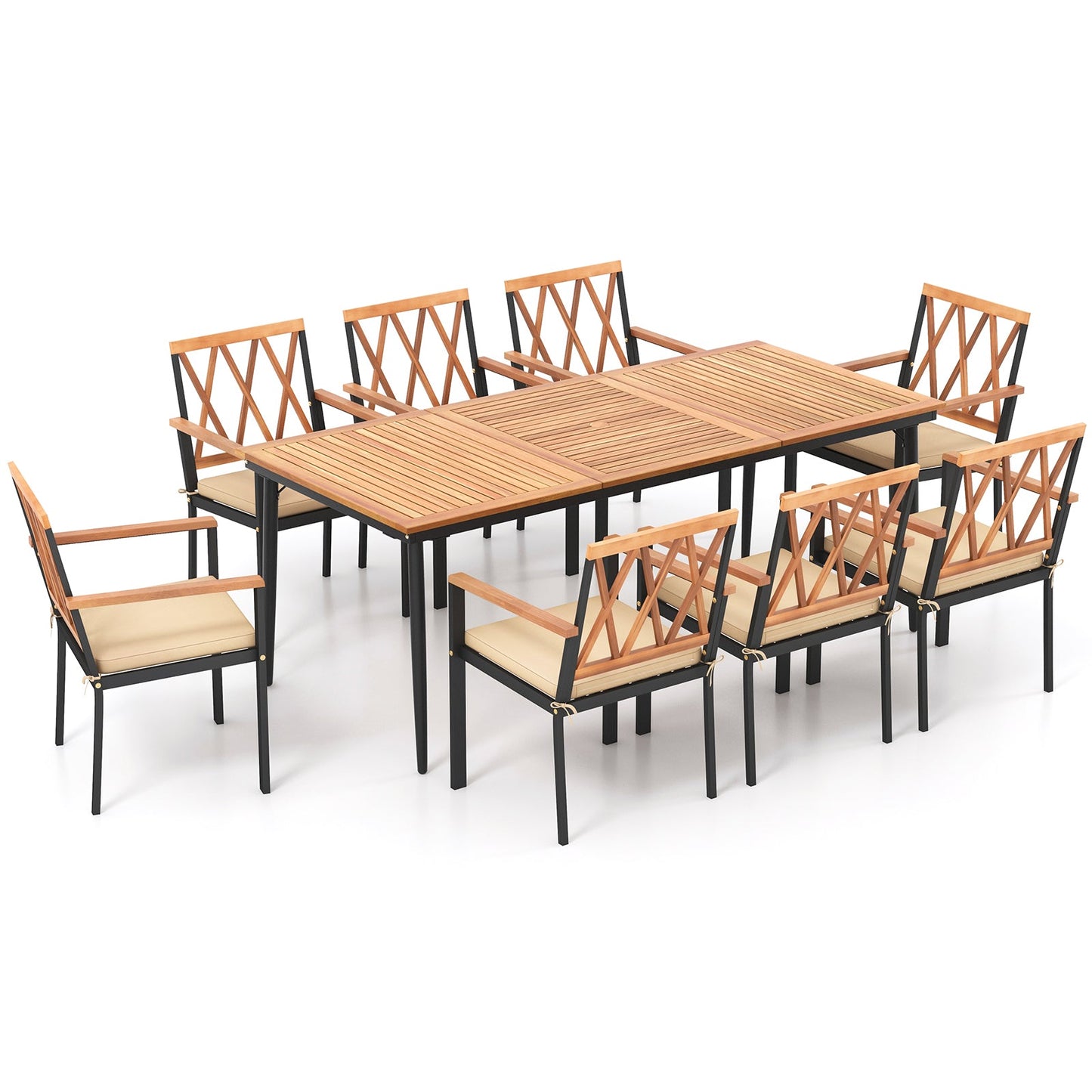 Juego de comedor para patio de 9 piezas con orificio para sombrilla de 1.9 pulgadas y cojines de asiento