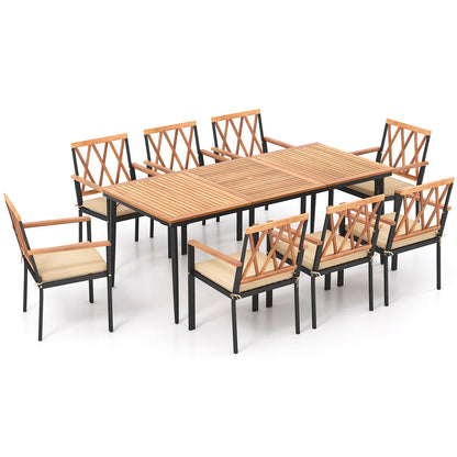 Juego de comedor para patio de 9 piezas con orificio para sombrilla de 1.9 pulgadas y cojines de asiento