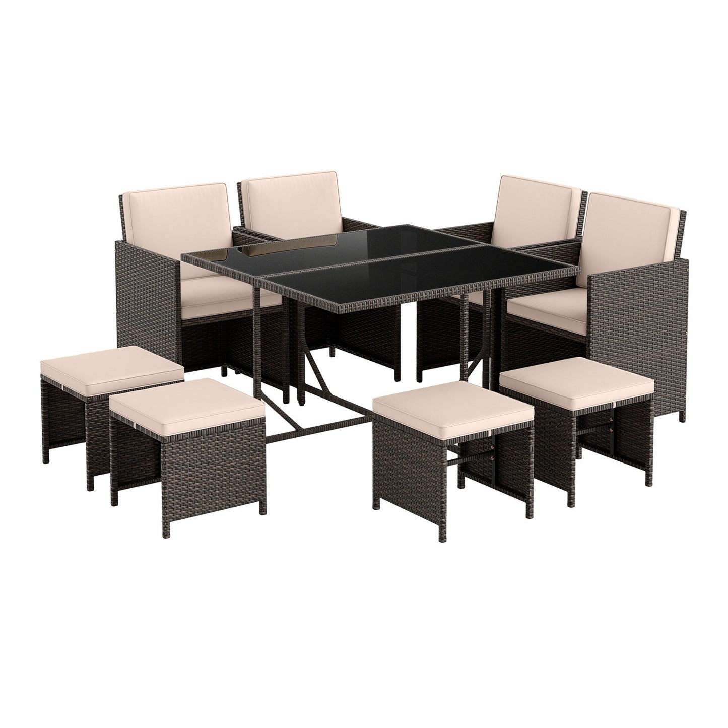 Juego de comedor para patio de 9 piezas con mesa de vidrio templado y otomana-Blanco