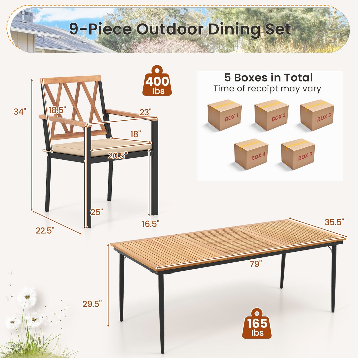 Juego de comedor para patio de 9 piezas con orificio para sombrilla de 1.9 pulgadas y cojines de asiento