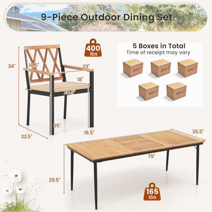 Juego de comedor para patio de 9 piezas con orificio para sombrilla de 1.9 pulgadas y cojines de asiento
