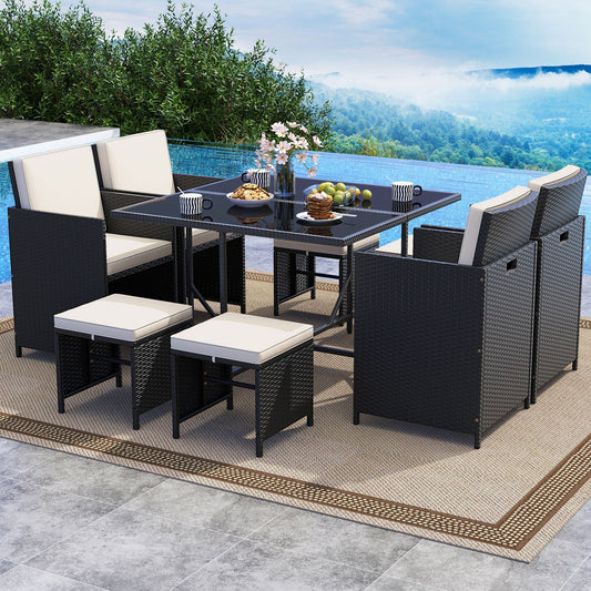 9 Piece Patio Dining Set with Tempered Glass Table and Ottoman-White - Tampa Home & Garden Store