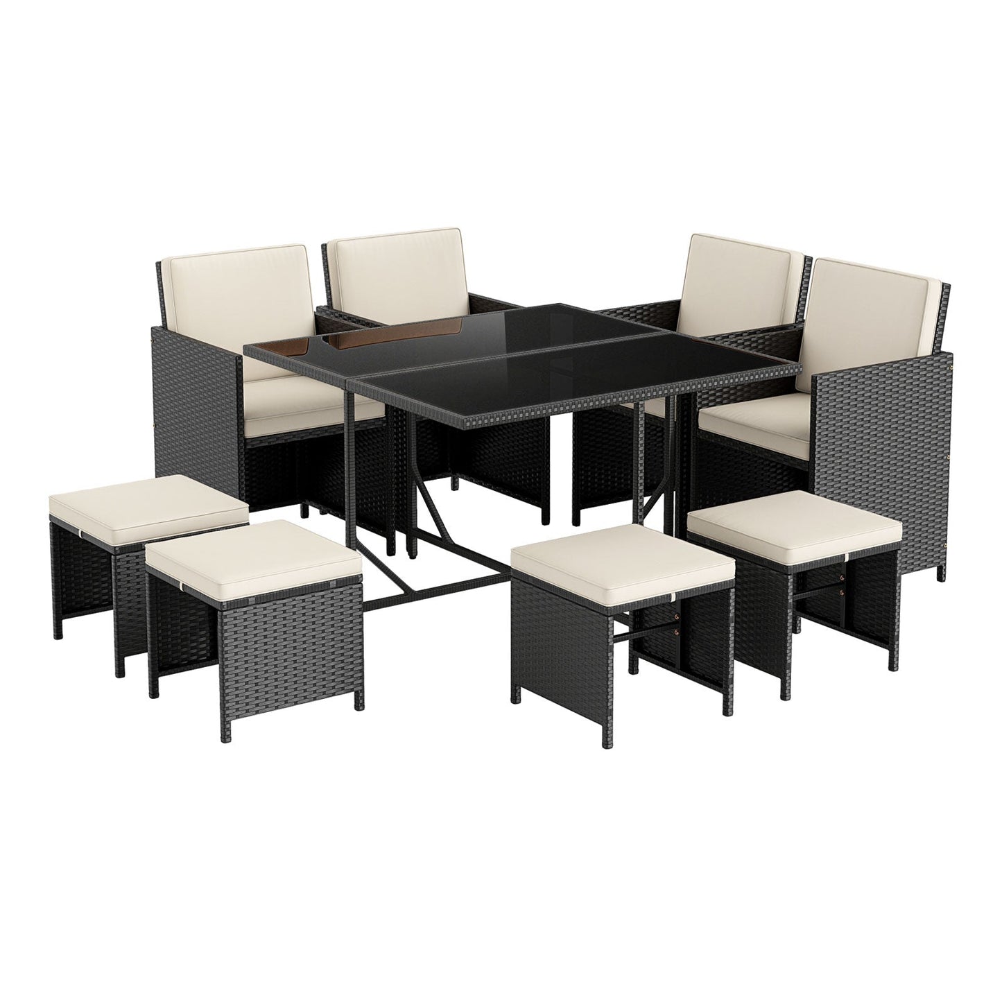 Juego de comedor para patio de 9 piezas con mesa de vidrio templado y otomana-Blanco
