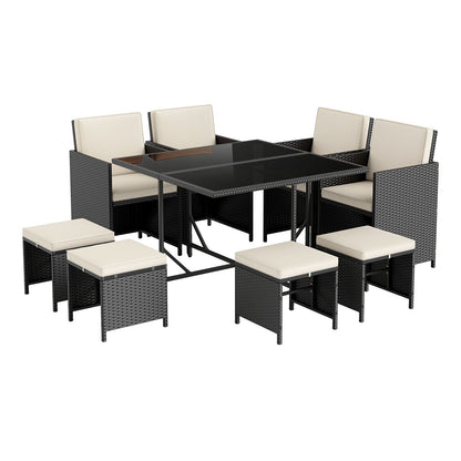 Juego de comedor para patio de 9 piezas con mesa de vidrio templado y otomana-Blanco