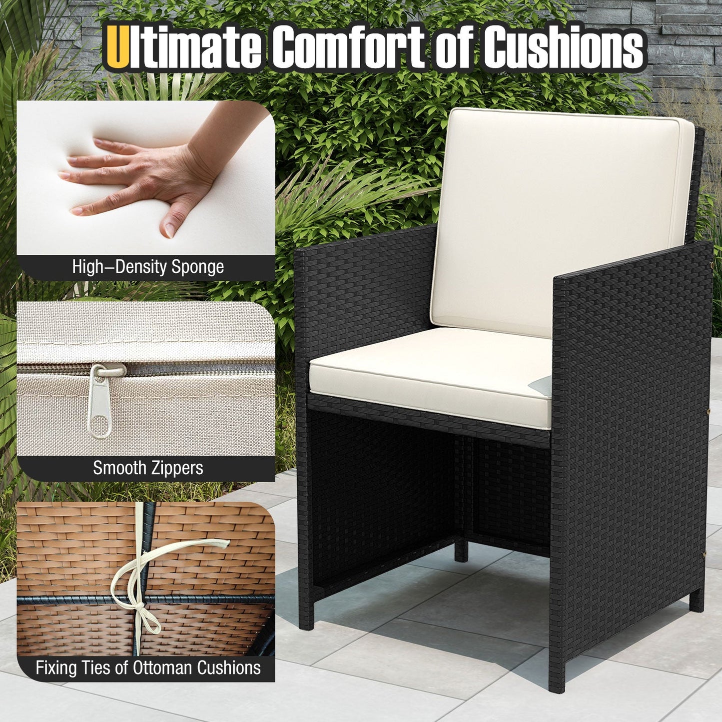 Juego de comedor para patio de 9 piezas con mesa de vidrio templado y otomana-Blanco