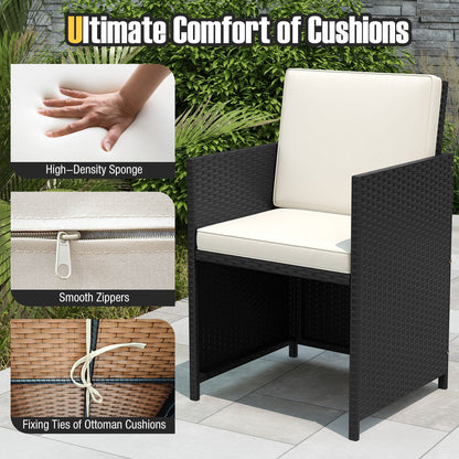 Juego de comedor para patio de 9 piezas con mesa de vidrio templado y otomana-Blanco