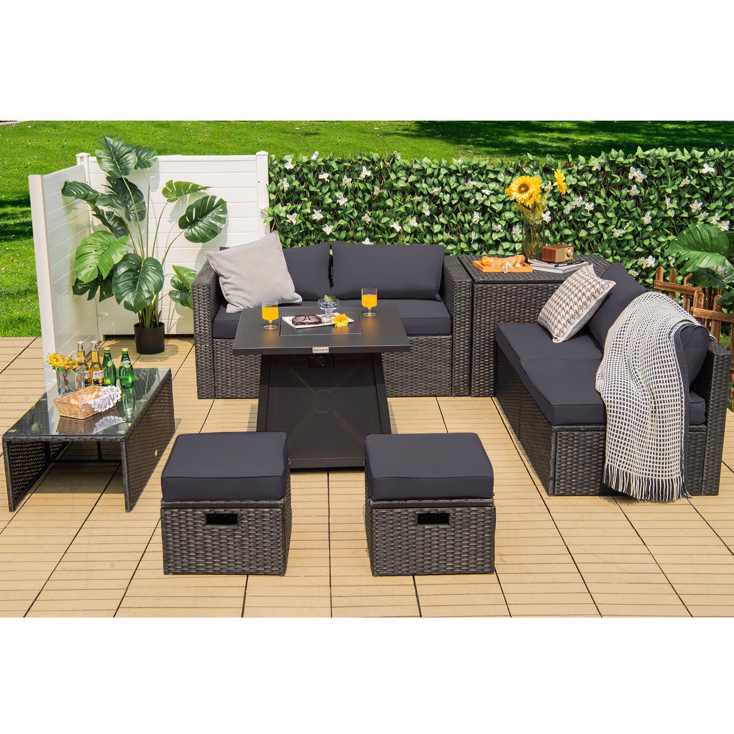 9 Piece Weatherproof Rattan Patio Conversation Set with 30 Inches Propane Fire Pit Table and Dust Covers-Gray