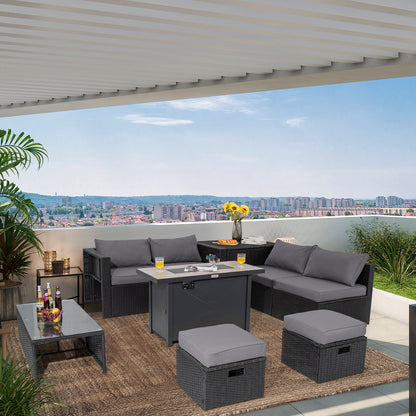 9 Pieces Outdoor PE Rattan Wicker Sectional Sofa with 42 Inch 60 000 BTU Gas Fire Pit Table-Gray