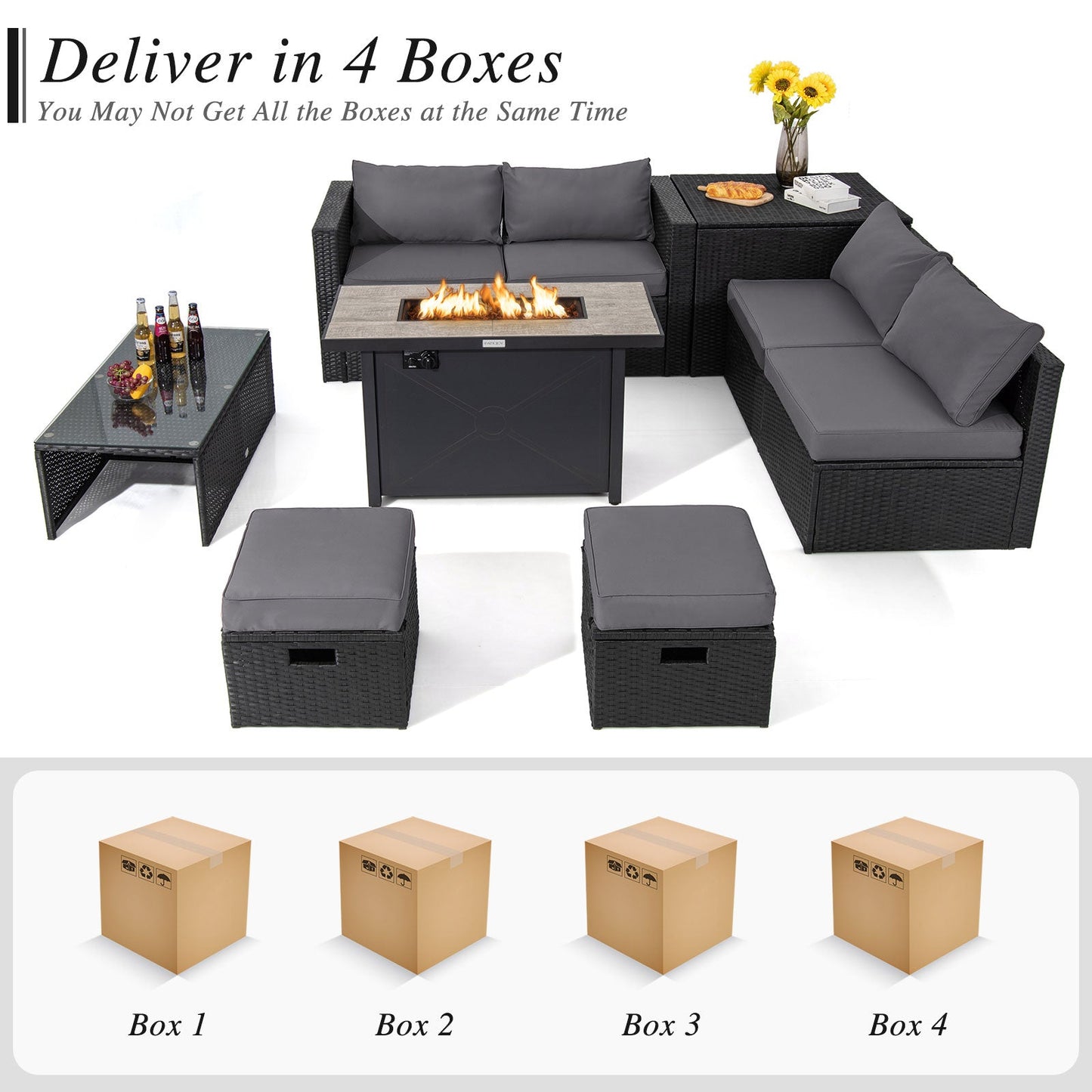 9 Pieces Outdoor PE Rattan Wicker Sectional Sofa with 42 Inch 60 000 BTU Gas Fire Pit Table-Gray