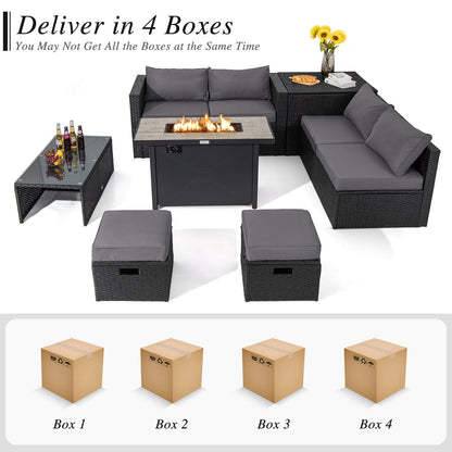 9 Pieces Outdoor PE Rattan Wicker Sectional Sofa with 42 Inch 60 000 BTU Gas Fire Pit Table-Gray