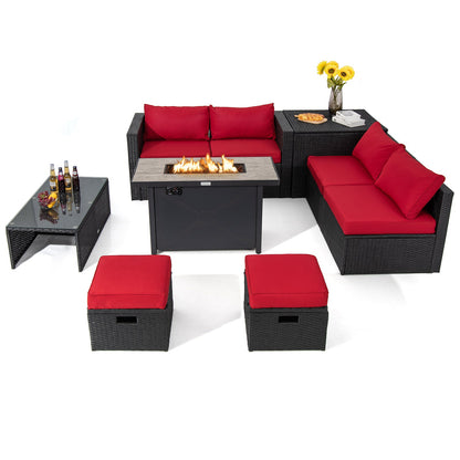 9 Pieces Outdoor PE Rattan Wicker Sectional Sofa with 42 Inch 60 000 BTU Gas Fire Pit Table-Gray