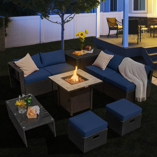 9 Pieces Outdoor PE Rattan Wicker Sectional Sofa with 42 Inch Gas Fire Pit Table - Tampa Home & Garden Store
