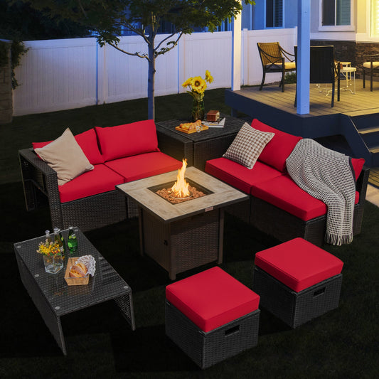 9 Pieces Outdoor PE Rattan Wicker Sectional Sofa with 42 Inch Gas Fire Pit Table - Tampa Home & Garden Store