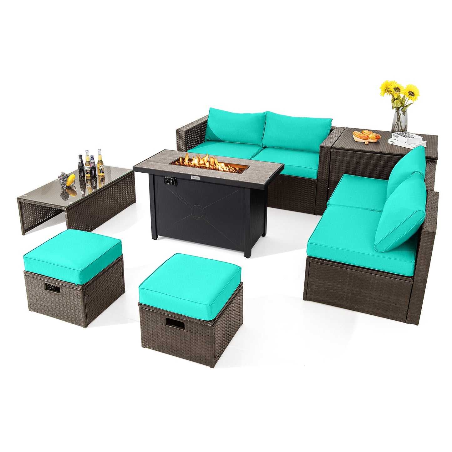9 Pieces Outdoor Patio Furniture Set with 42 Inch Propane Fire Pit Table-Red