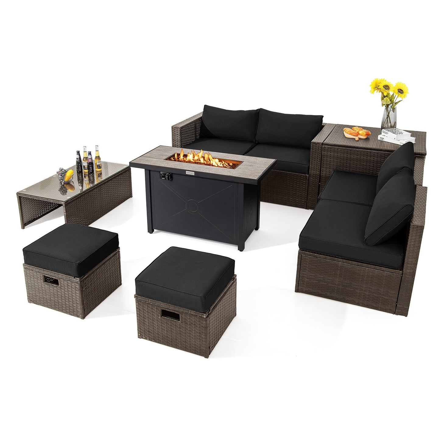 9 Pieces Outdoor Patio Furniture Set with 42 Inch Propane Fire Pit Table-Red