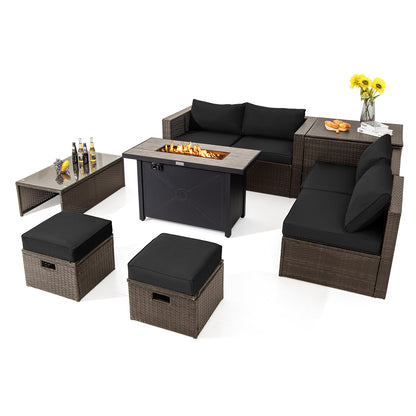 9 Pieces Outdoor Patio Furniture Set with 42 Inch Propane Fire Pit Table-Red