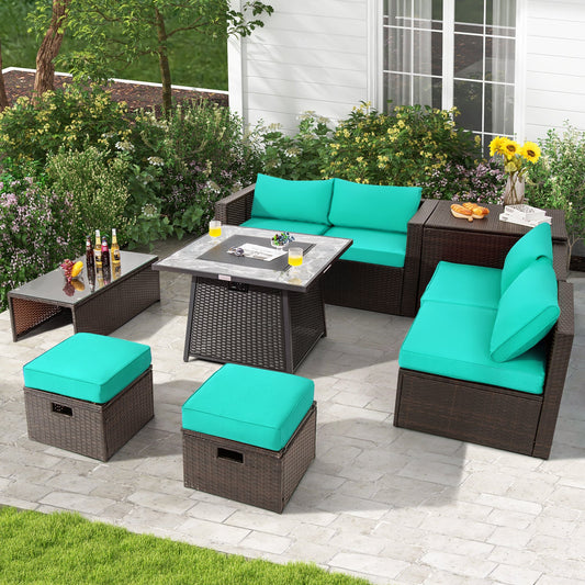 9 Pieces Patio PE Wicker Sectional Set with 50000 BTU Fire Pit Table - Tampa Home & Garden Store