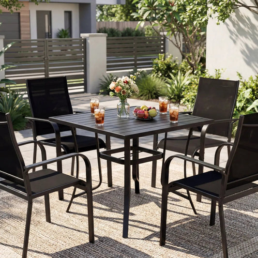 DirectDeals 5pc patio dining set for 4 with dark metal square table and stackable chairs on Tampa Home & Garden Store