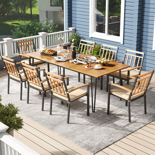 9 Pieces Patio Dining Outdoor Furniture Set with 8 Chairs and Umbrella Hole - Tampa Home & Garden Store