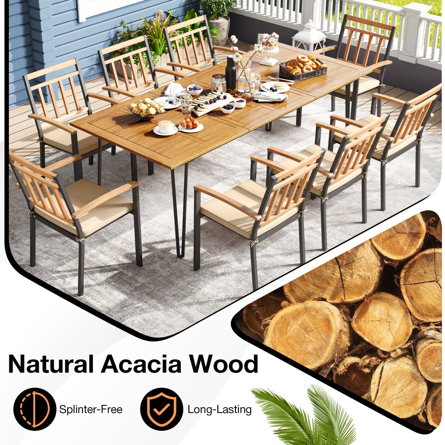 9 Pieces Patio Dining Outdoor Furniture Set with 8 Chairs and Umbrella Hole