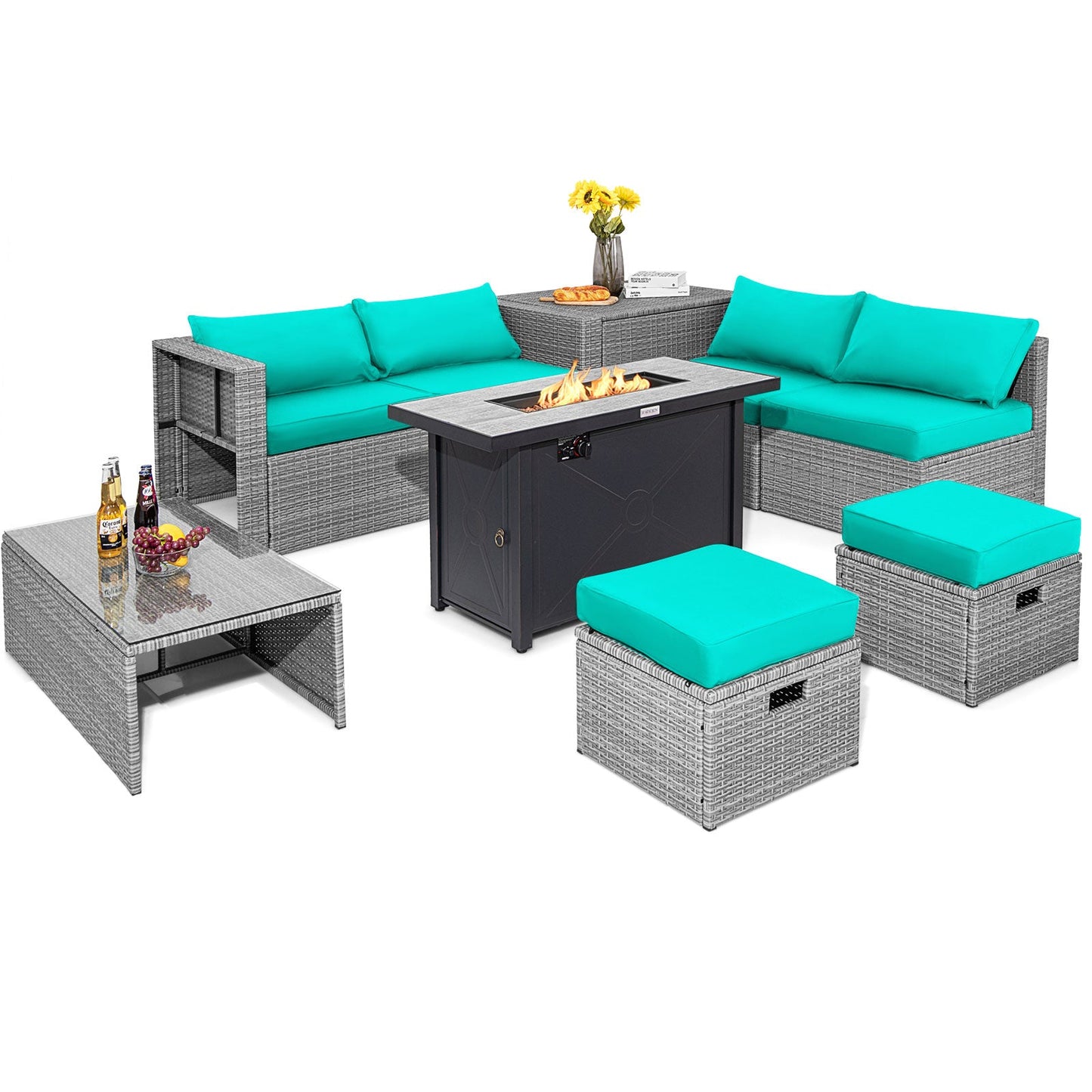 9 Pieces Patio Furniture Set with 42 Inches 60000 BTU Fire Pit-Black