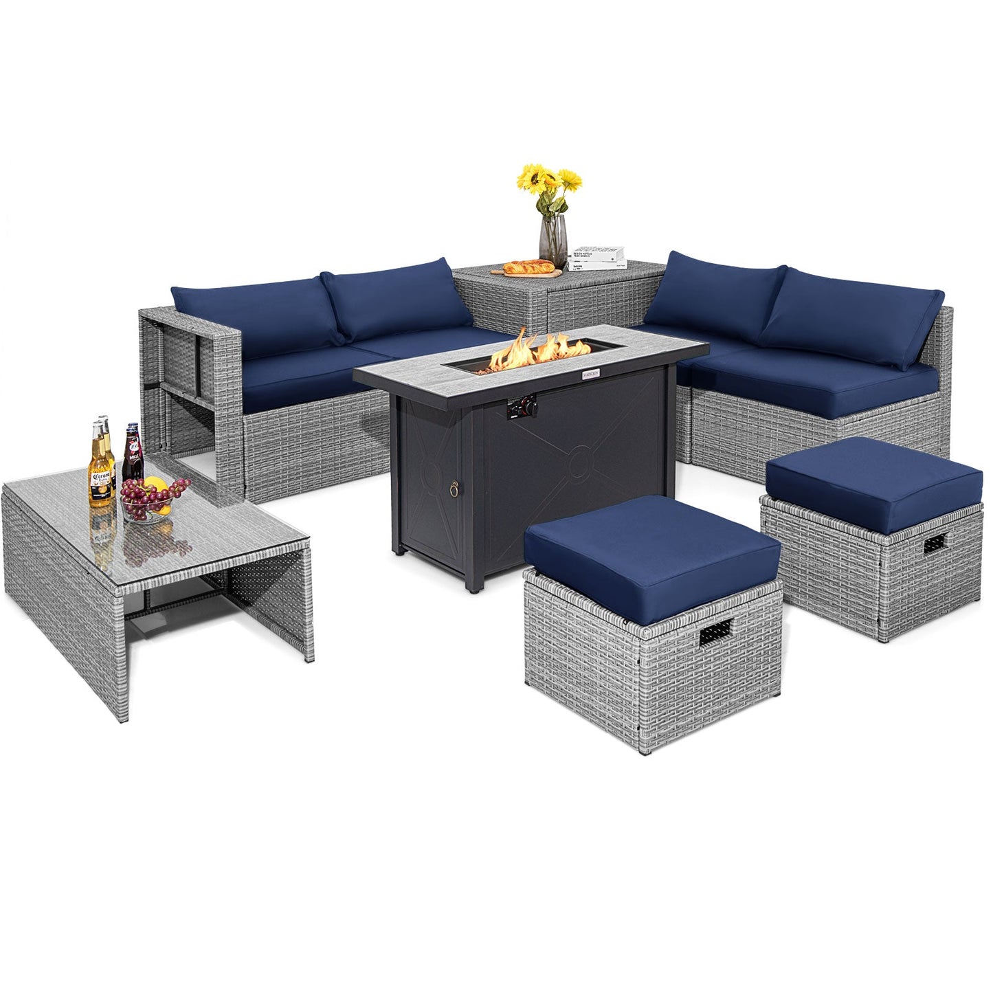9 Pieces Patio Furniture Set with 42 Inches 60000 BTU Fire Pit-Black