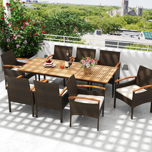9 Pieces Patio PE Wicker Dining Set with Cushions and Umbrella Hole - Tampa Home & Garden Store