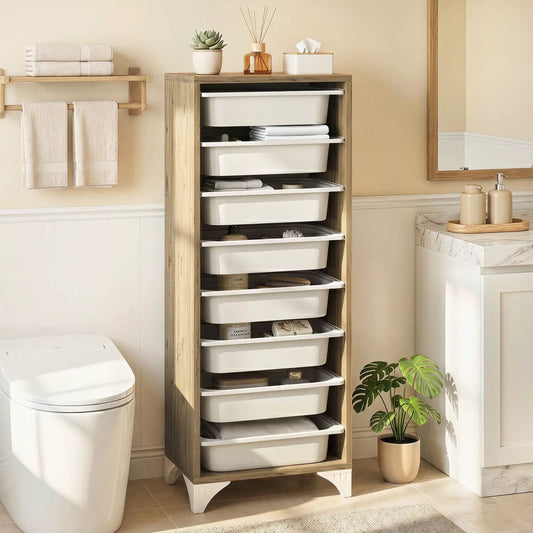 9-Tier Fruit & Vegetable Storage Rack with Slide-Out Baskets, wooden frame, white bins on Tampa Home & Garden Store