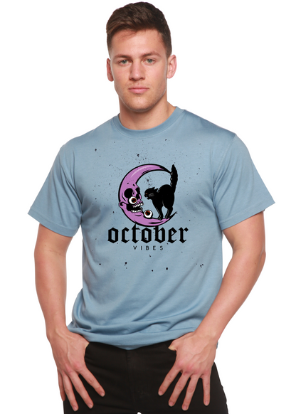 October Vibes bamboo viscose/organic cotton graphic tee in light blue moon cat print on Tampa Home & Garden Store