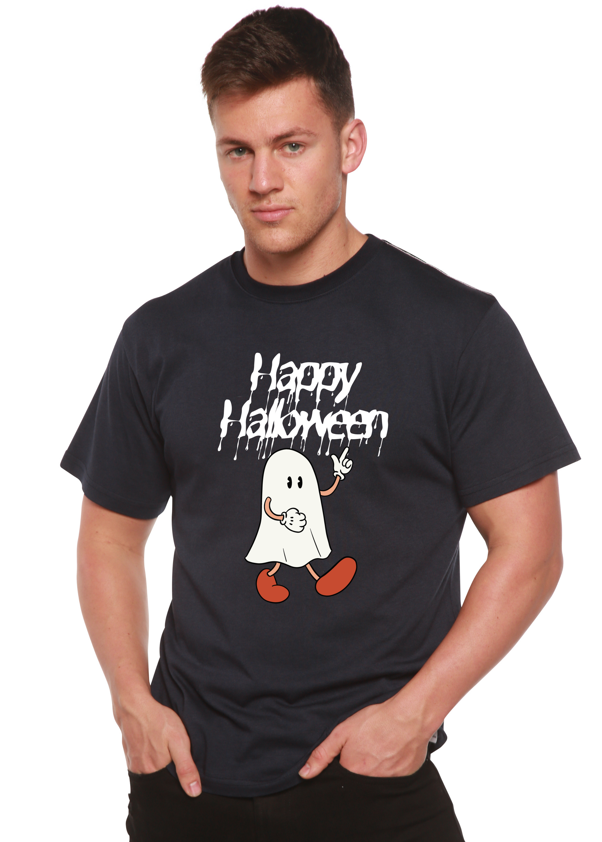 Men's graphic T-shirt Happy Halloween by Spun Bamboo, bamboo viscose/organic cotton blend on Tampa Home & Garden Store