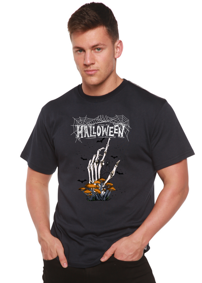 Halloween men's tee in black bamboo viscose/organic cotton skeleton hand print Spun Bamboo on Tampa Home & Garden Store