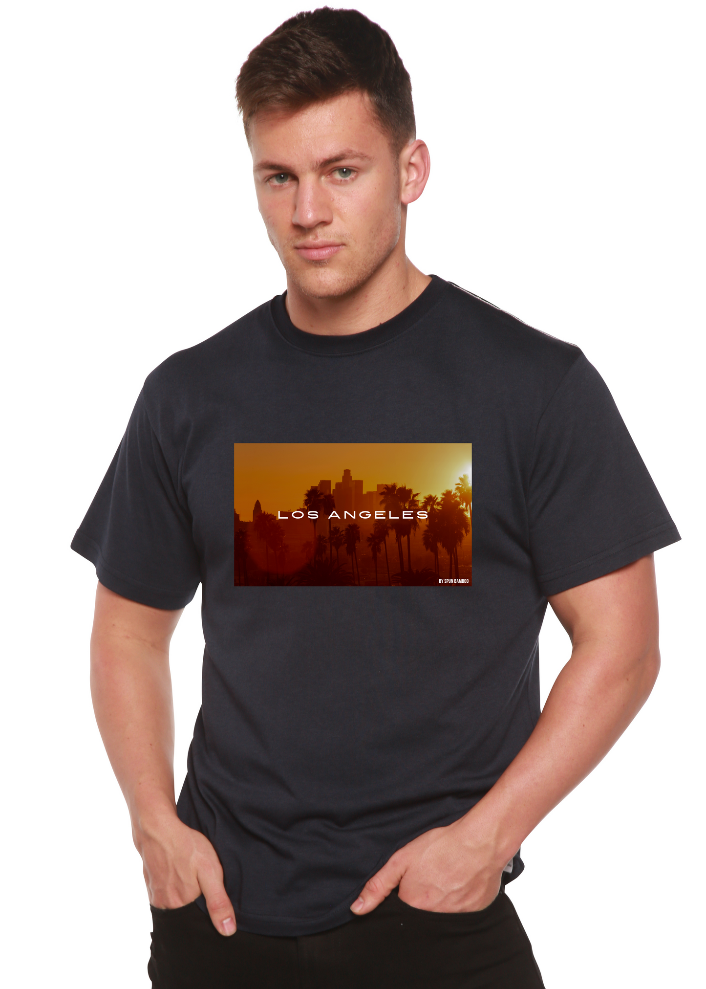 Los Angeles graphic unisex navy T-shirt in bamboo viscose/organic cotton by Spun Bamboo on Tampa Home & Garden Store