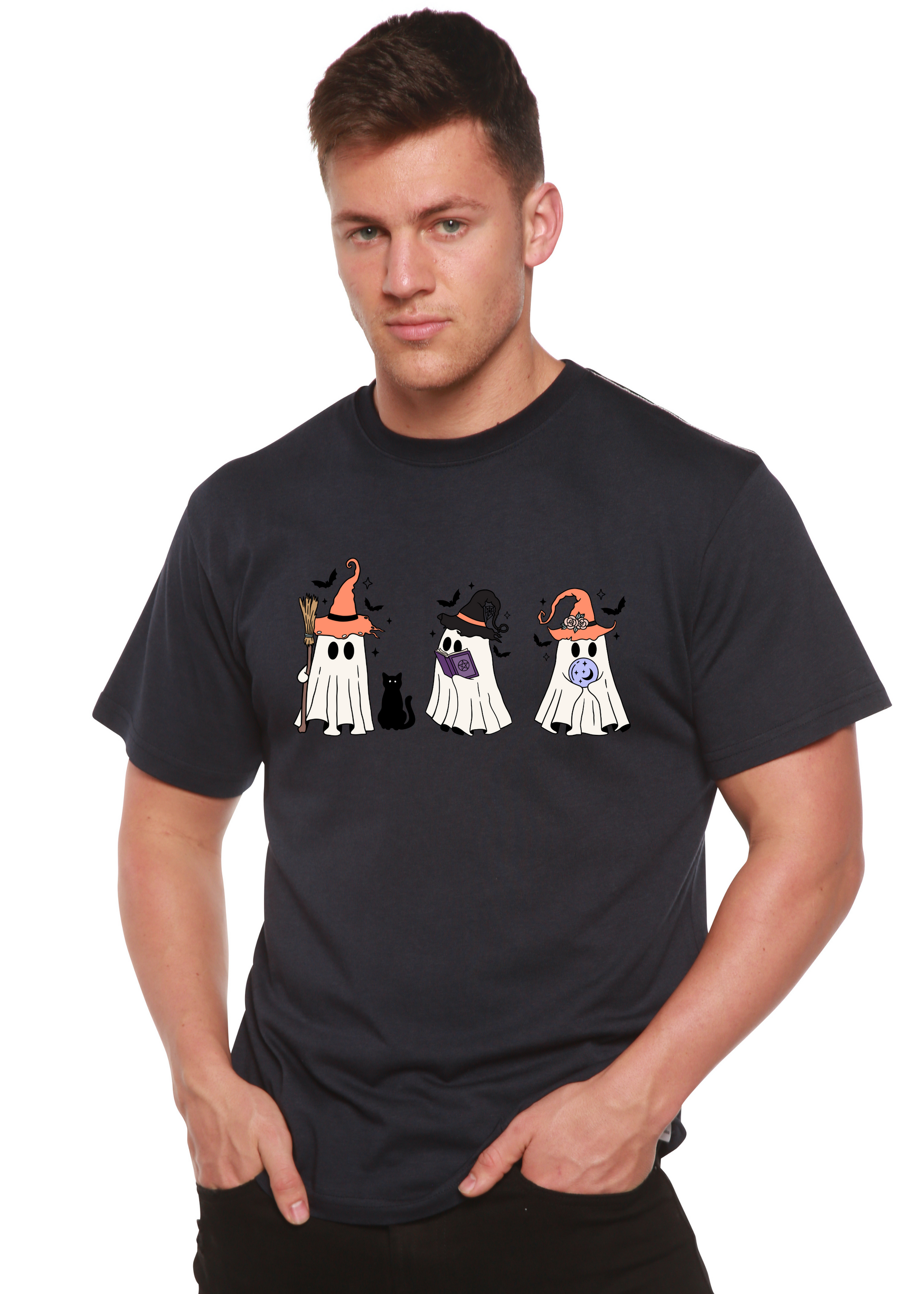 Halloween Boo men's bamboo viscose short sleeve graphic Tshirt three ghosts wearing hats on Tampa Home & Garden Store