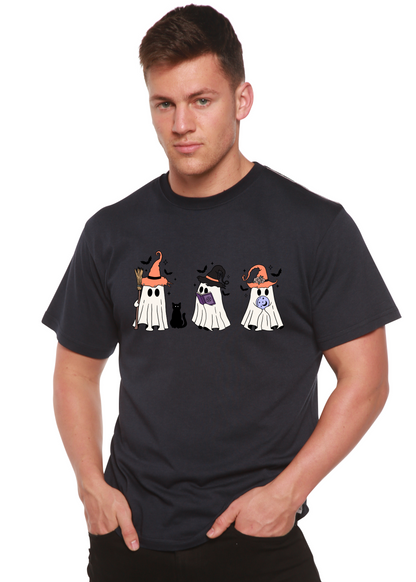 Halloween Boo men's bamboo viscose short sleeve graphic Tshirt three ghosts wearing hats on Tampa Home & Garden Store