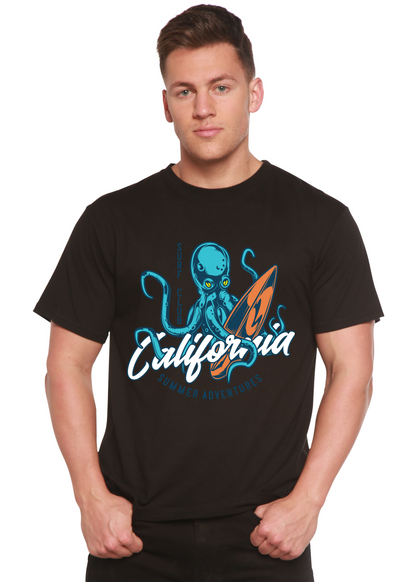 California Summer Adventures men's graphic tee in black with blue octopus and orange surfboard on Tampa Home & Garden Store
