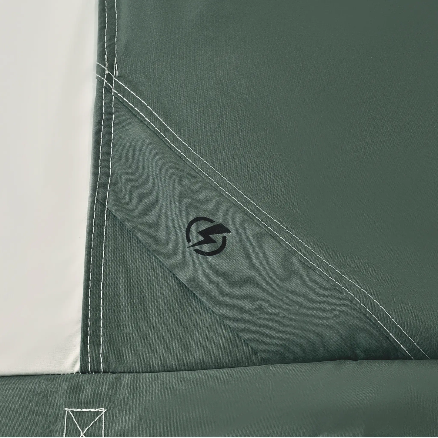 10x10 Prota Canvas Tent close-up on dark green canvas with white seams and logo on Tampa Home & Garden Store