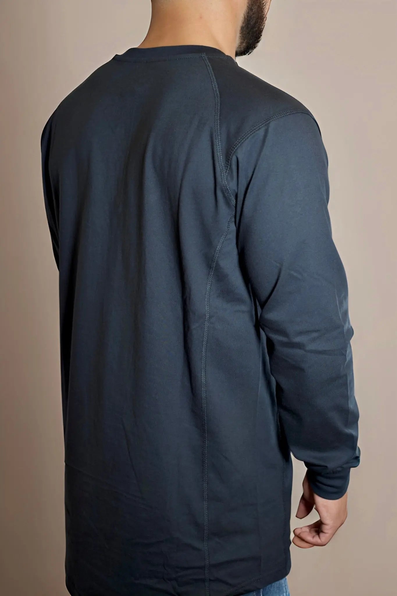 FR 3-Button Henley Shirt in black, back view with center seam, Static FR, Shirts & Tops on Tampa Home & Garden Store
