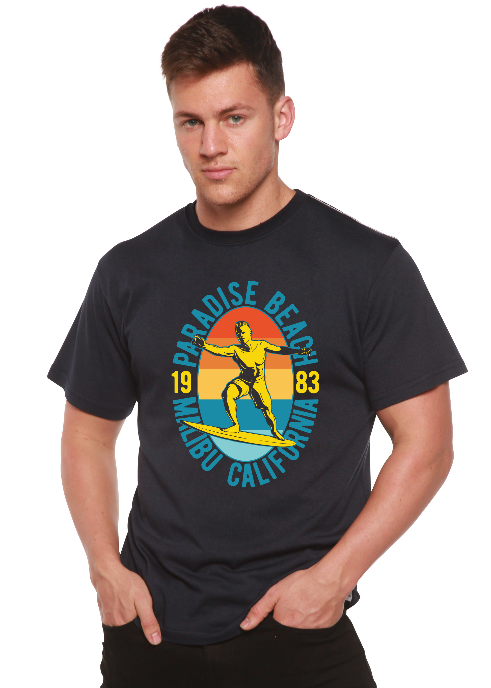 Paradise Beach 1983 men's graphic tee navy; bamboo viscose/organic cotton by Spun Bamboo on Tampa Home & Garden Store