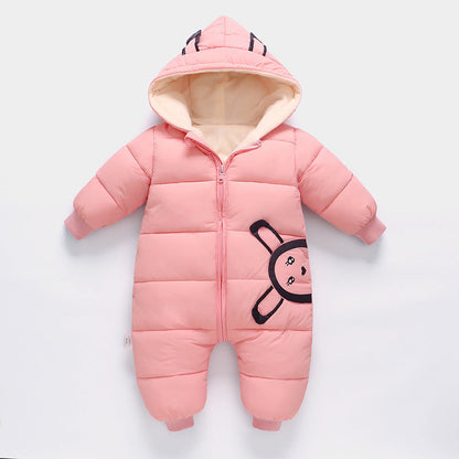 Pink baby puffer jumpsuit with hood and panda applique newborn unisex snowsuit on Tampa Home & Garden Store