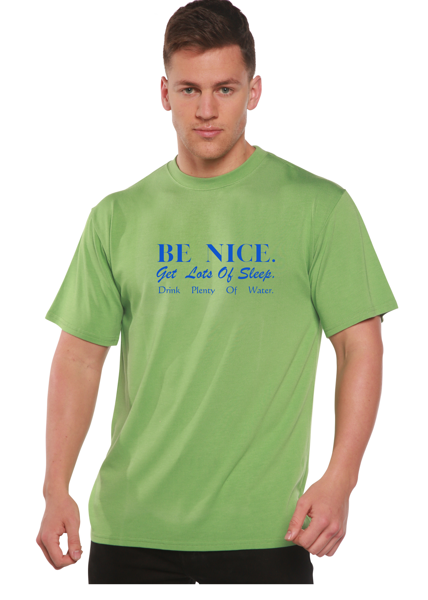 Be Nice men's bamboo viscose/organic cotton short sleeve graphic tee lime with blue print on Tampa Home & Garden Store