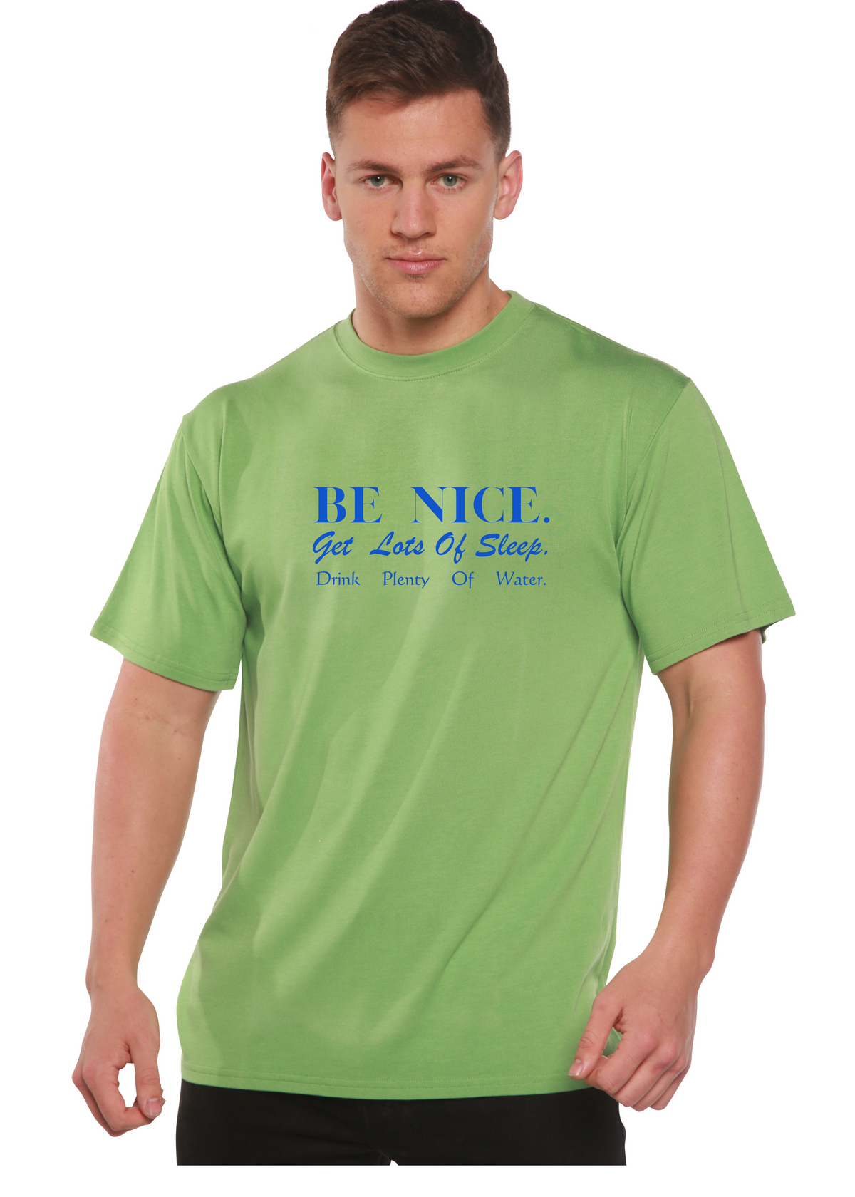 Be Nice men's bamboo viscose/organic cotton short sleeve graphic tee lime with blue print on Tampa Home & Garden Store