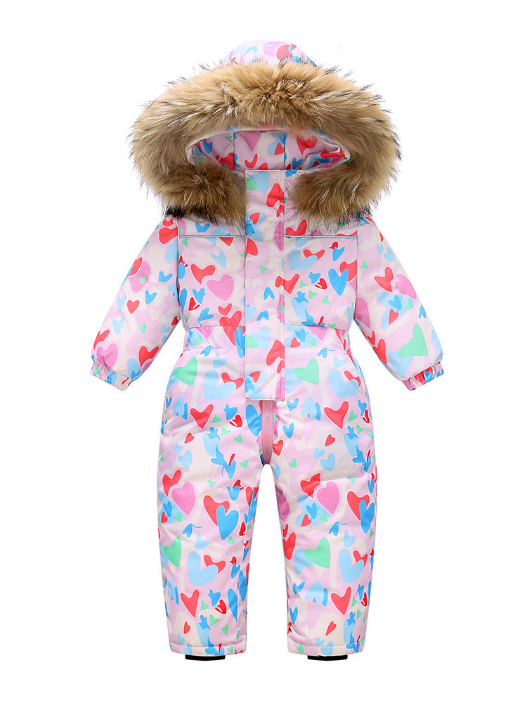 Kids' Stevvex puffer jumpsuit with fur-trim hood in pastel pink heart print on Tampa Home & Garden Store