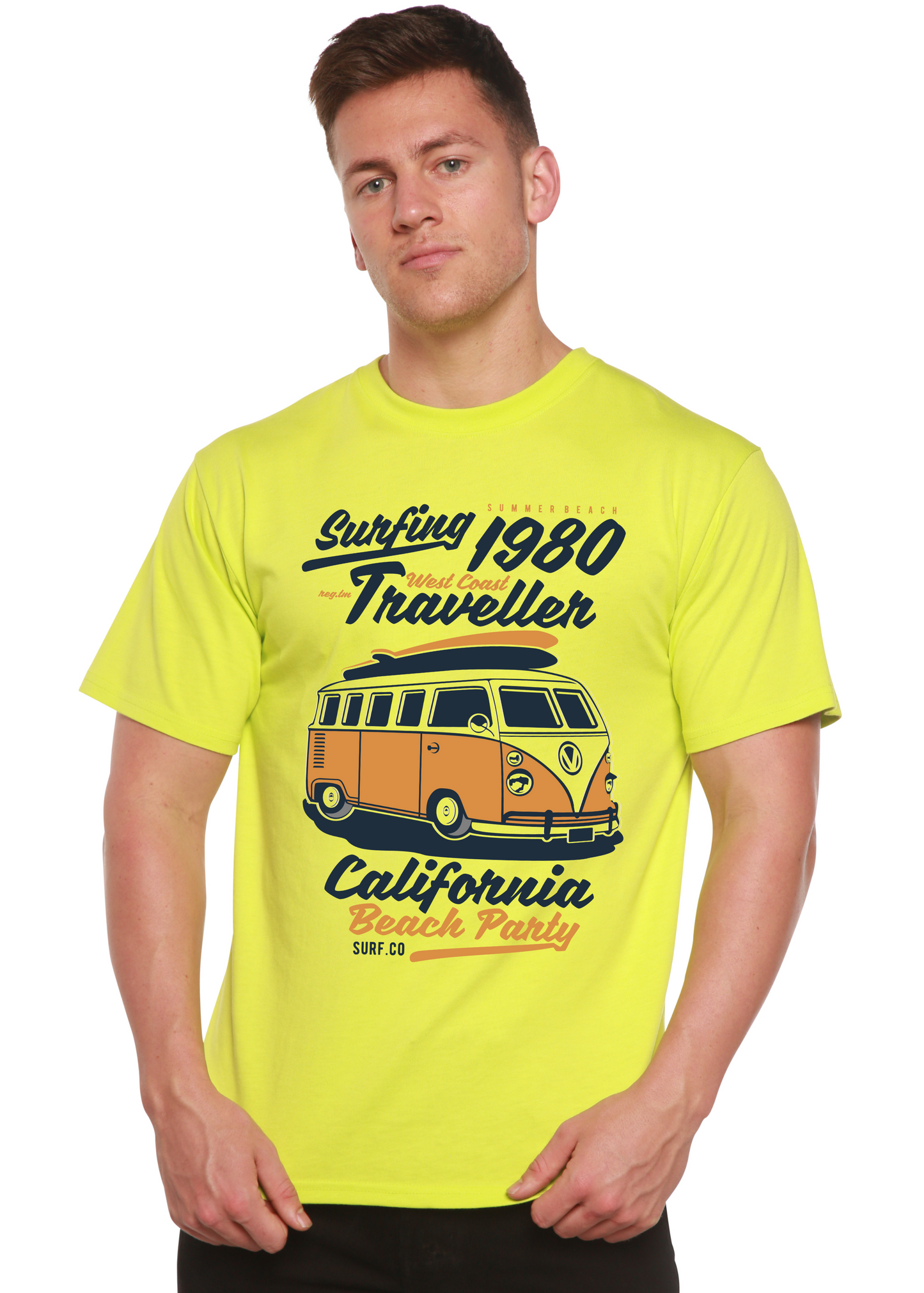 Spun Bamboo Surfing 1980 men's neon yellow short sleeve graphic T-shirt with VW bus print on Tampa Home & Garden Store