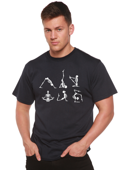 Men's Spun Bamboo Halloween Skeleton Namaste T-shirt in black with white skeleton yoga print on Tampa Home & Garden Store