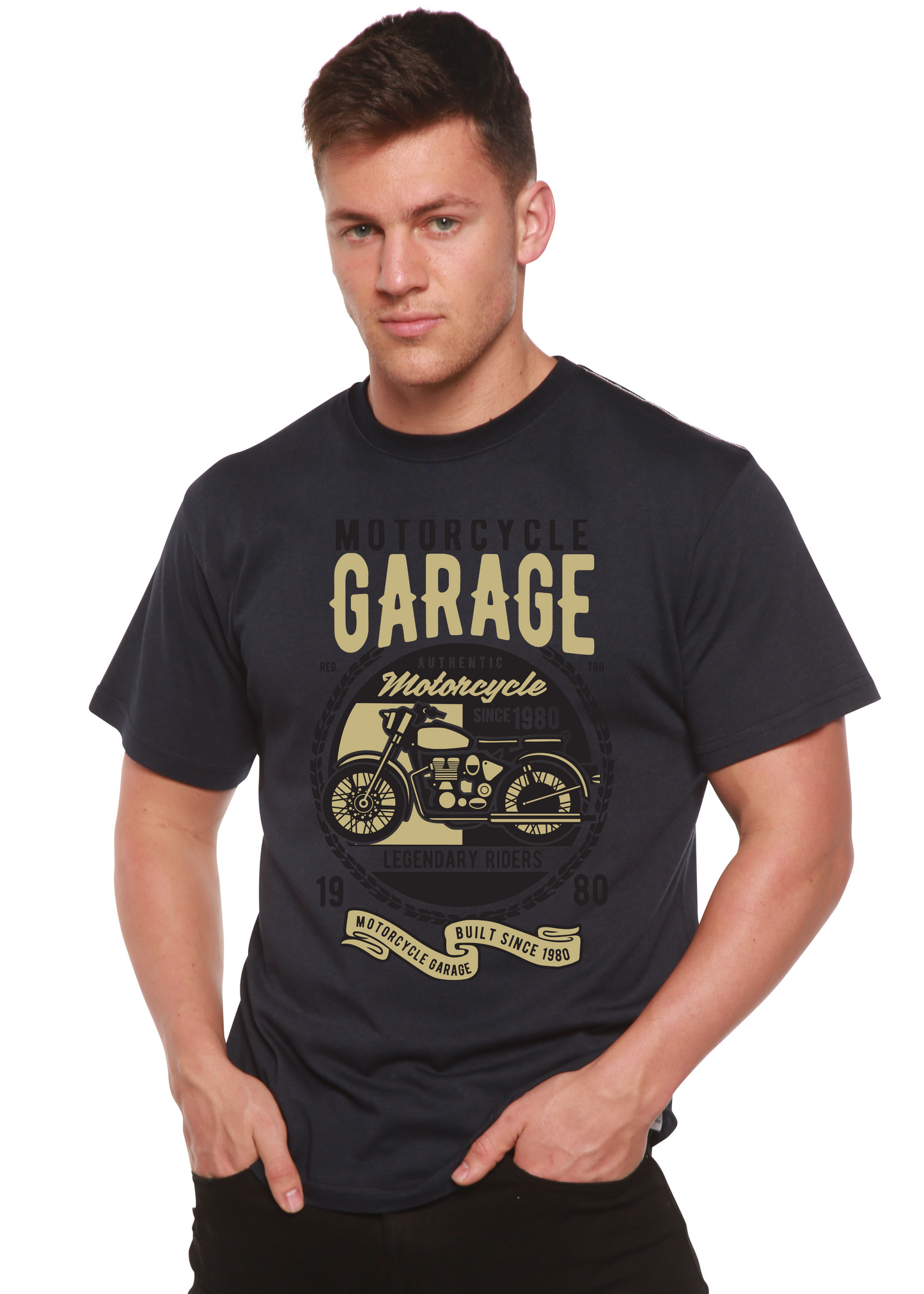 Motorcycle Garage men's graphic T-shirt in black with motorcycle print; bamboo blend on Tampa Home & Garden Store