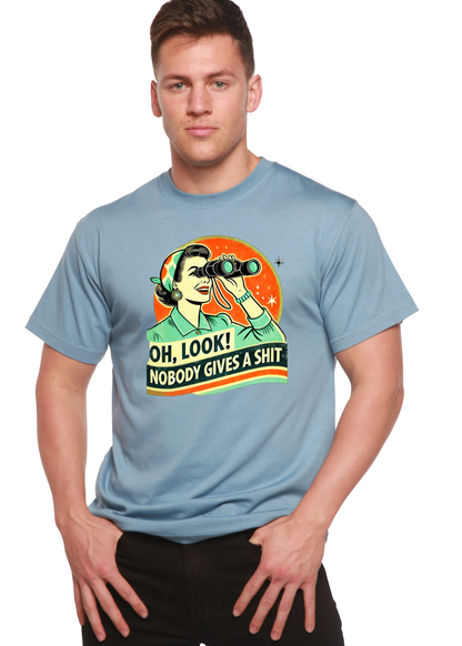Funny retro woman unisex bamboo/cotton graphic tee in light blue with binoculars print on Tampa Home & Garden Store