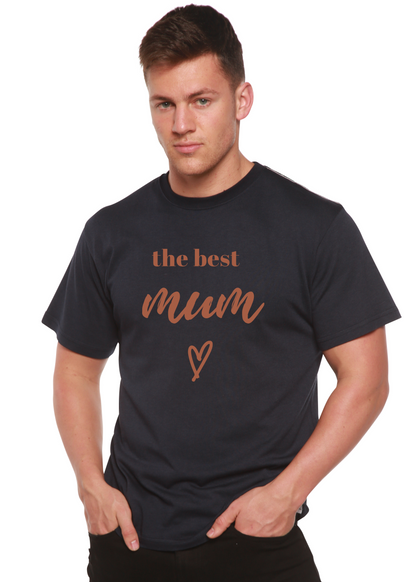 The Best Mum unisex bamboo T-shirt in black with peach script graphic on Tampa Home & Garden Store