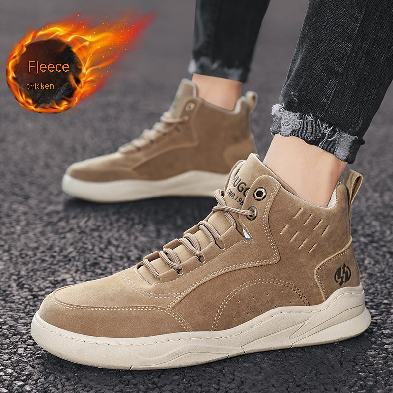 Stevvex tan suede high-top sneakers, lace-up, fleece-lined, chunky white sole on Tampa Home & Garden Store