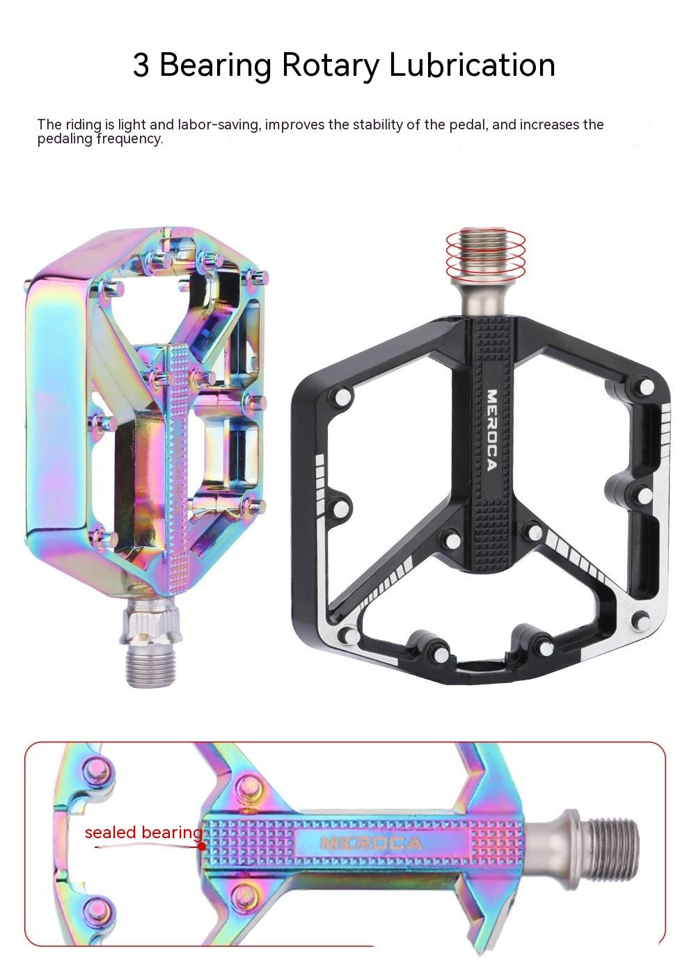Iridescent aluminum alloy flat bicycle pedal pair with black Meroca clipless pedal on Tampa Home & Garden Store