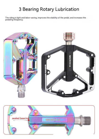 Iridescent aluminum alloy flat bicycle pedal pair with black Meroca clipless pedal on Tampa Home & Garden Store
